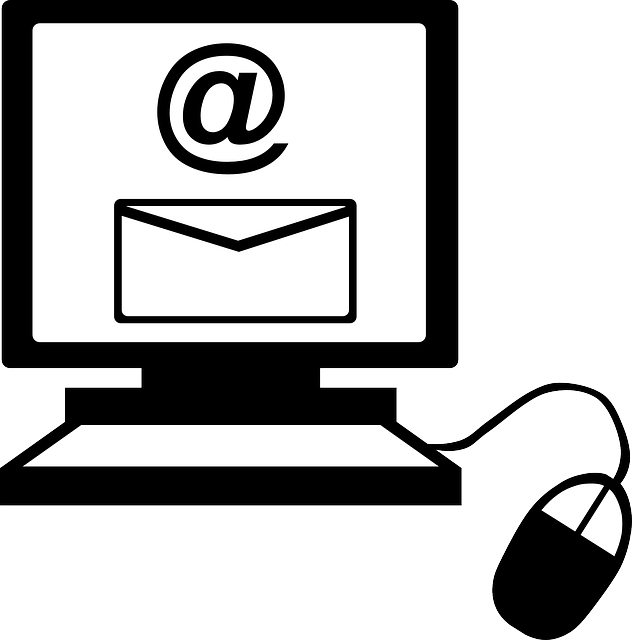 Depiction of a computer monitor and a mouse, with the screen showing the @ sign and the icon of an envelope