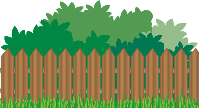 Cartoon of a brown picket fence with green grass in front and shrubs on the other side
