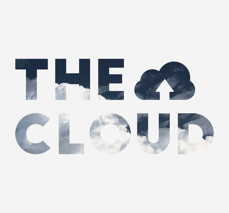 'The Cloud' Lettering Cut Out of White Background with Blue Sky and Clouds Showing Through